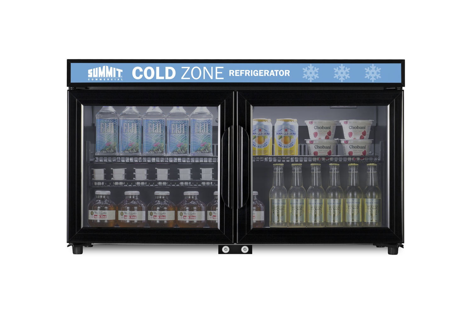 Countertop, shallow depth single-zone commercial refrigerator for freestanding use with French glass doors, black cabinet, front locks, digital controls, and LED lighting